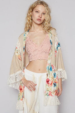 POL Floral Crochet Detail Open Front 3/4 Sleeve Cardigan in Tan