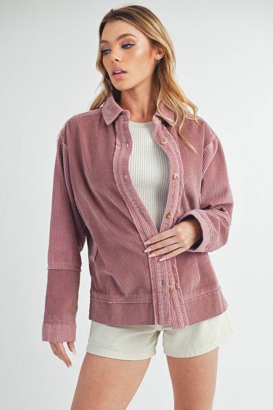 Aemi + Co Side Slit Exposed Seam Button Up Corduroy Jacket - us.meeeshop