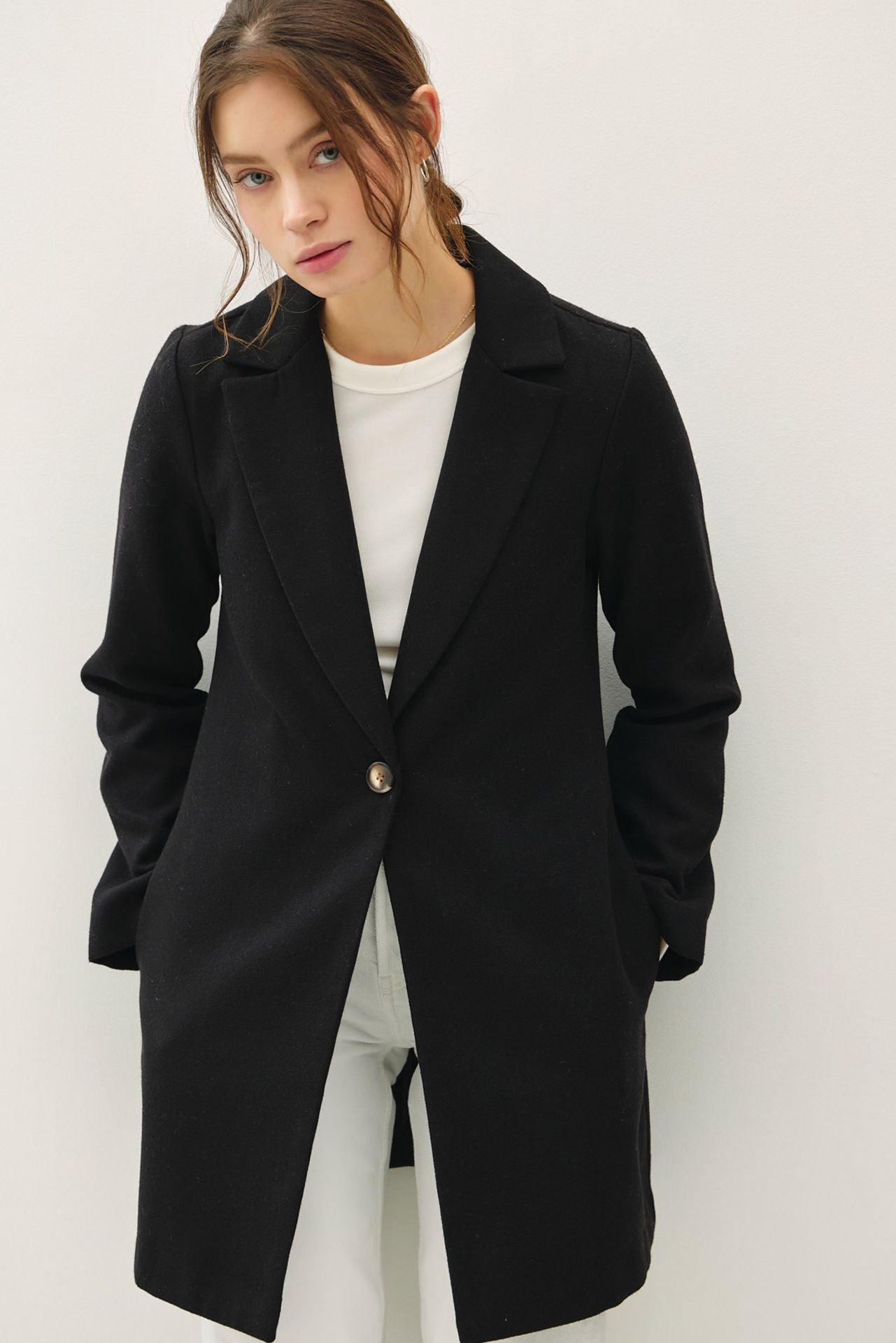 Be Cool Single Button Long Sleeve Coat with Pockets