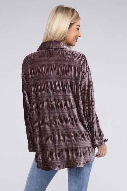 Wrinkle Effect Tiered Shirring Velvet Shirt | us.meeeshop