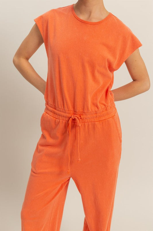 HYFVE Back Keyhole Round Neck Cap Sleeve Drawstring Jumpsuit in Orange - us.meeeshop