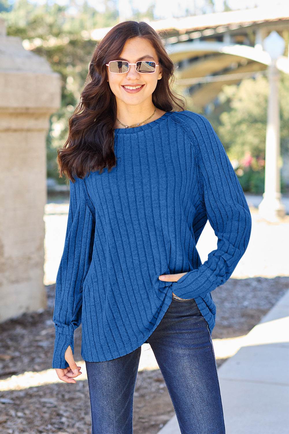 Ribbed Round Neck Long Sleeve Knit Top - us.meeeshop