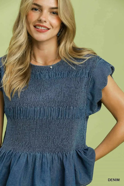 umgee smocked peplum Umgee Smocked Peplum Top with Scalloped Ruffle Cap Sleeves view 4 (top) - shop at us.meeeshop