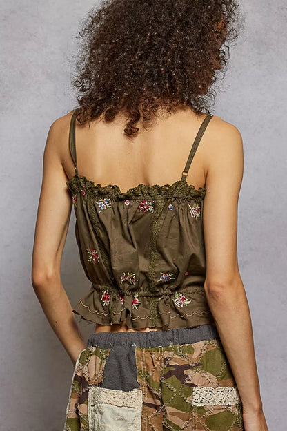 pol button down Pol Button Down Floral Embroidered Cropped Cami with Lace Detail view 4 (top) - shop at us.meeeshop