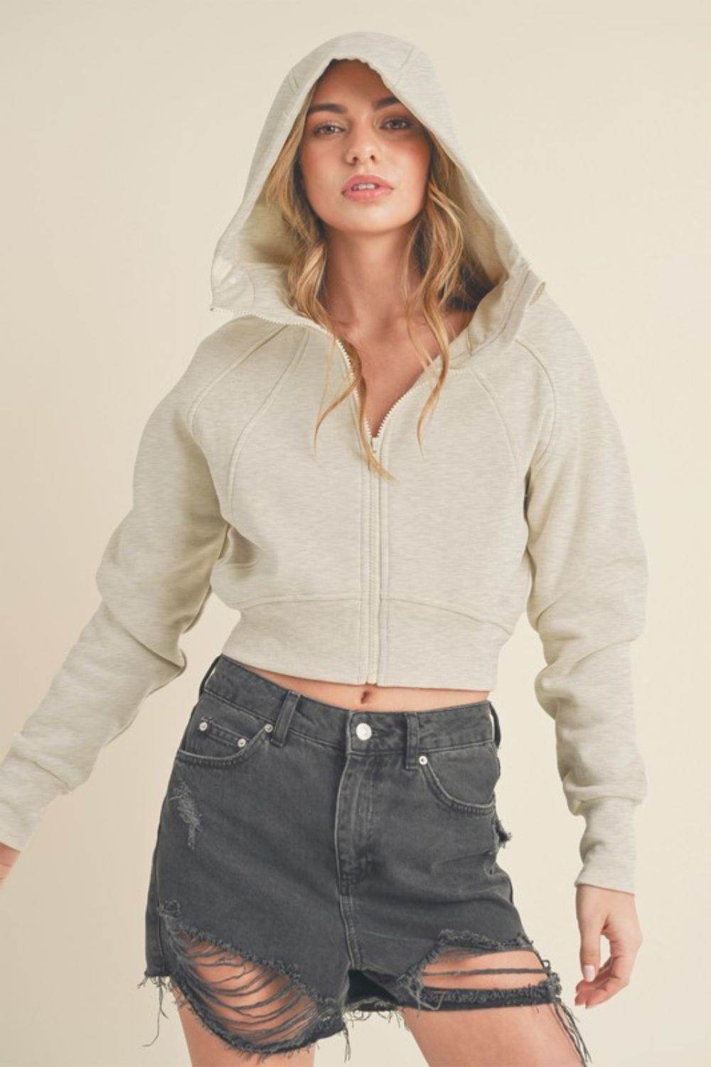 Aemi + Co Zip Up Raglan Sleeve Cropped Hoodie - us.meeeshop