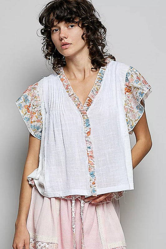 pol neck floral POL V-neck Floral Ruffle Sleeve Blouse IVORY (top) - shop at us.meeeshop