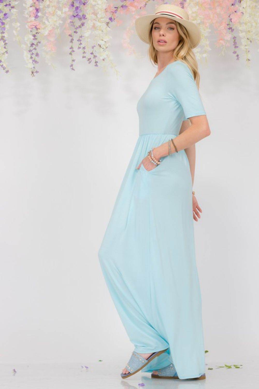 Celeste | Round Neck Short Sleeve Maxi Dress with Pockets Plus Size - us.meeeshop