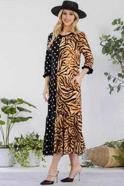 Celeste Polka Dot & Leopard Round Neck Midi Dress Plus Size - us.meeeshop