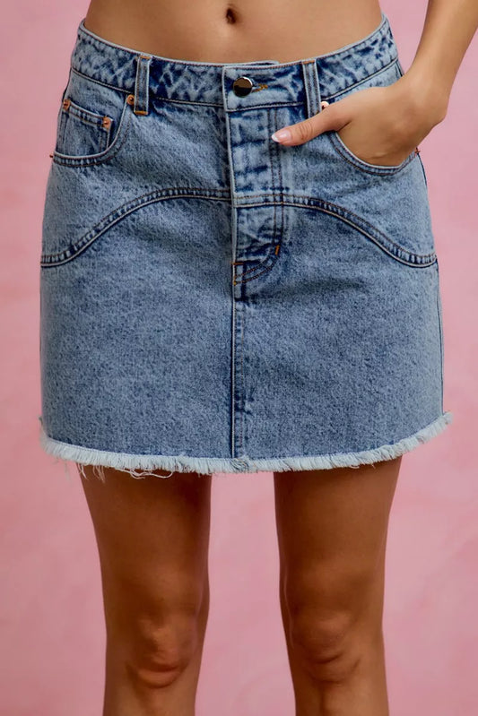 SO ME Washed Denim Floral Contrast Pockets Mini Skirt (women's skirts) - shop at us.meeeshop