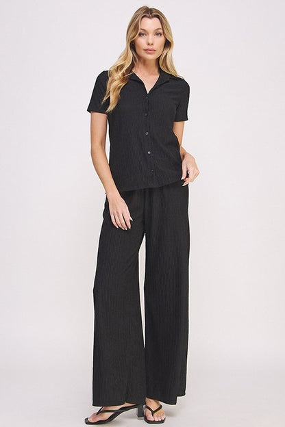 Textured Short Slv Button Down/wide Leg Pants Set (women's outfit sets) view 14 - shop at us.meeeshop