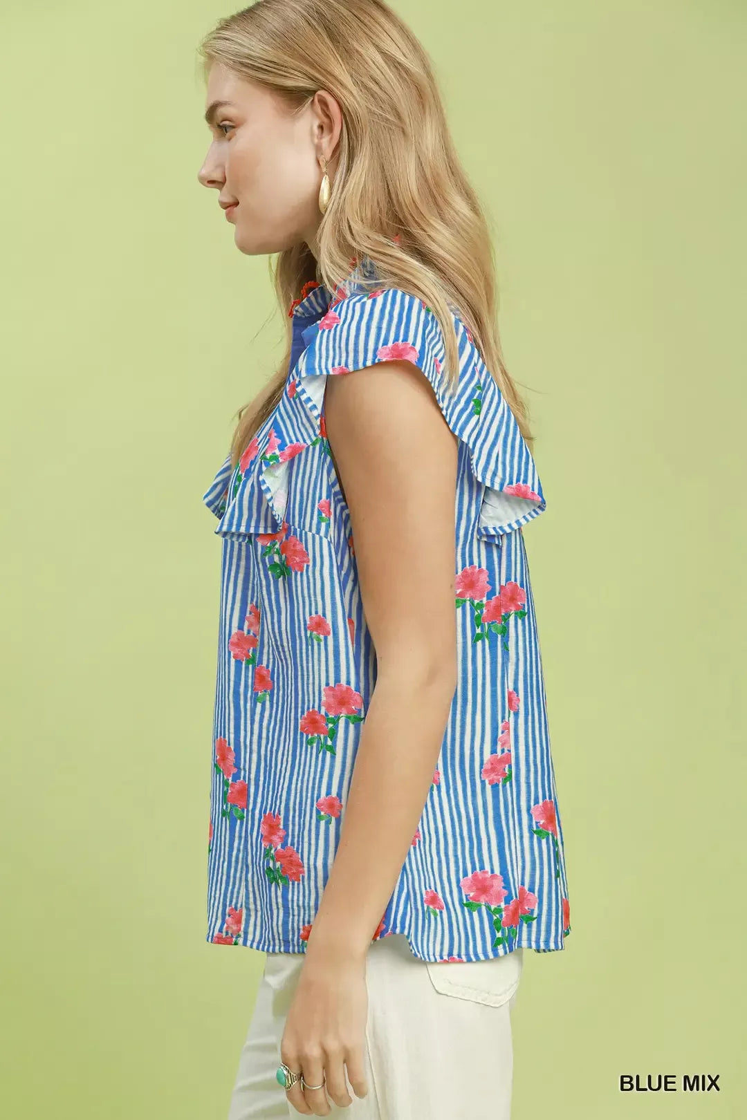 umgee striped floral Umgee Striped Floral Ruffle Sleeve Top with Contrast Trim view 2 (top) - shop at us.meeeshop
