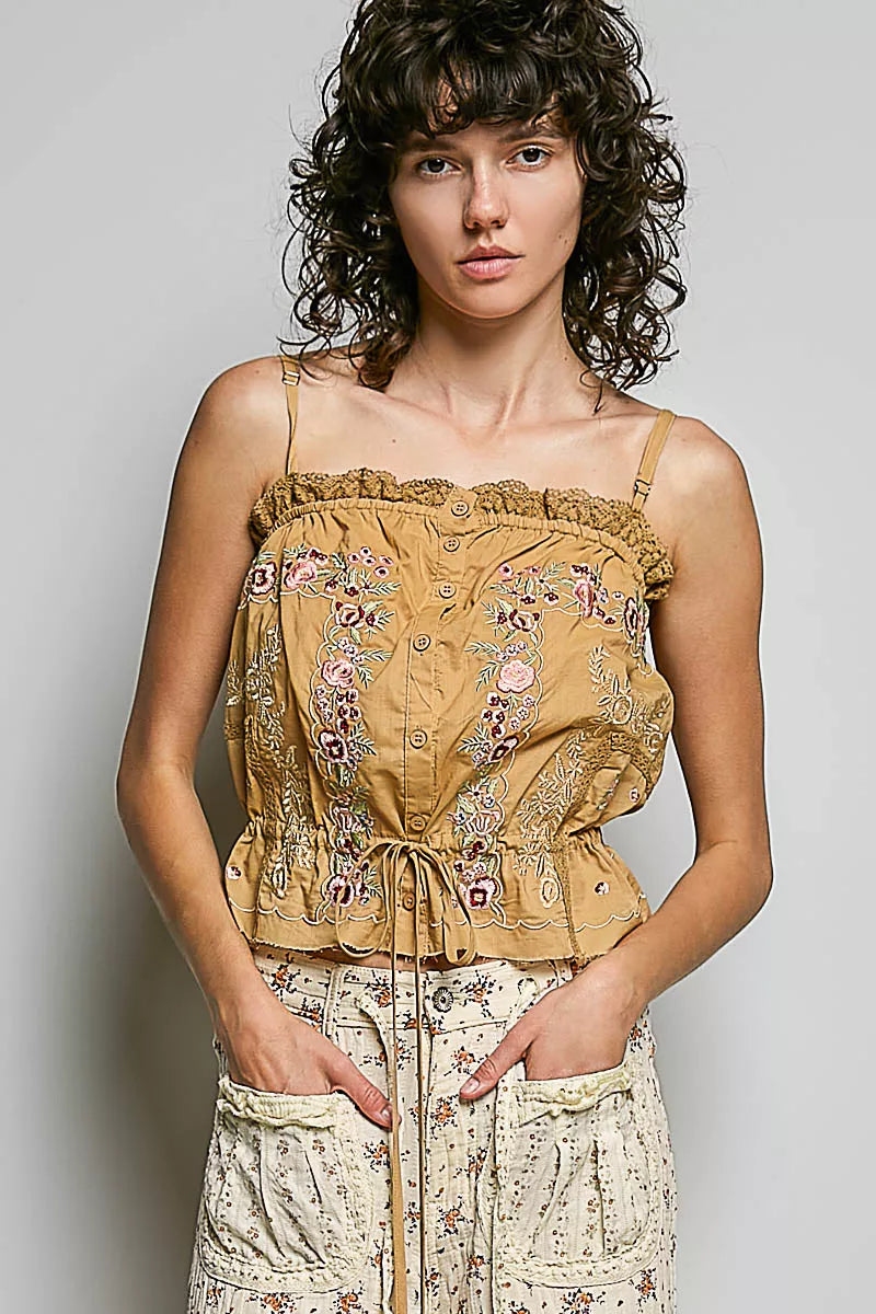 pol button down POL Button Down Floral Embroidered Cropped Cami with Lace Detail SAND CLAY (top) - shop at us.meeeshop