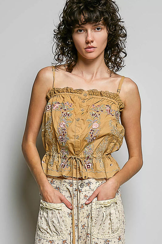 pol button down POL Button Down Floral Embroidered Cropped Cami with Lace Detail SAND CLAY (top) - shop at us.meeeshop