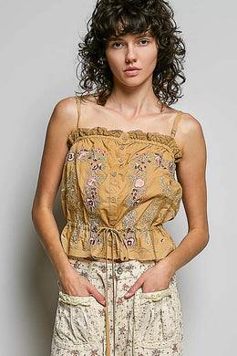 POL Button Down Floral Embroidered Cropped Cami with Lace Detail