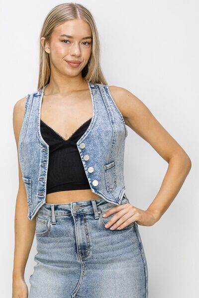 RISEN Button Down Crop Denim Vest - us.meeeshop