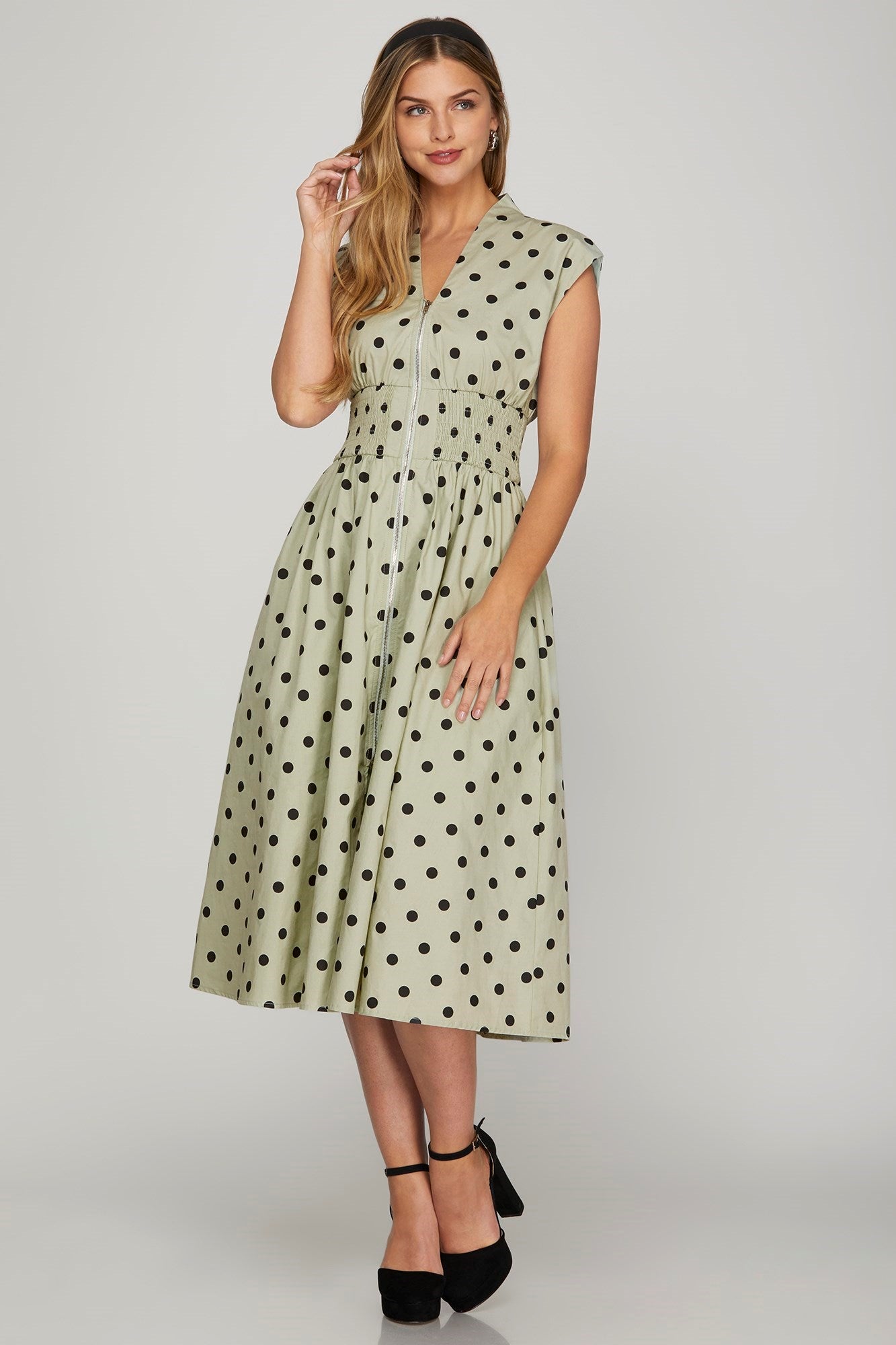 She + Sky Front Zip Polka Dots Cap Sleeve Midi Dress - us.meeeshop