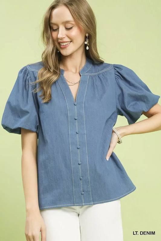 umgee denim button Umgee Denim Button Front Puff Sleeve Boho Blouse LT. DENIM (top) - shop at us.meeeshop