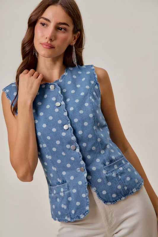 So Me Polka Dot Denim Scallop Edge Button Down Vest Top DENIM - Women's Top | MeeeShop