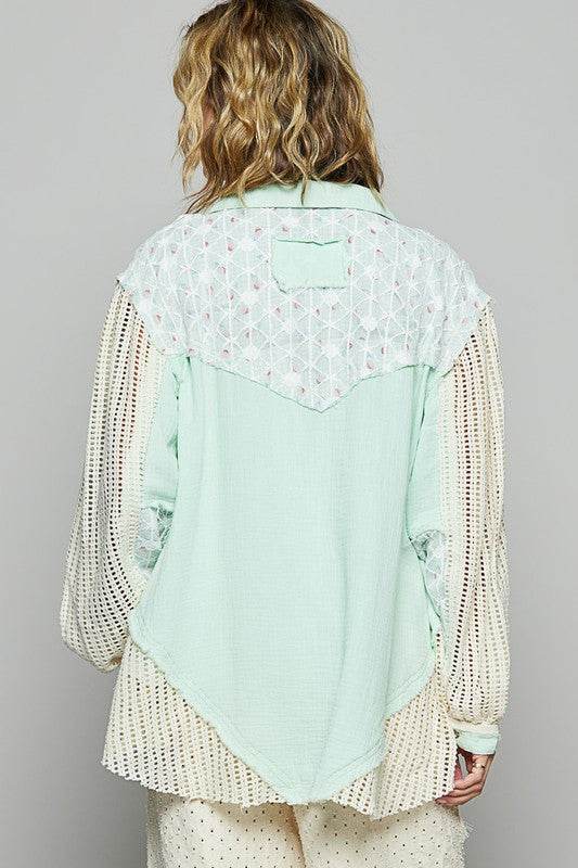 POL Lace Trim Crochet Button Up Denim Jacket - us.meeeshop