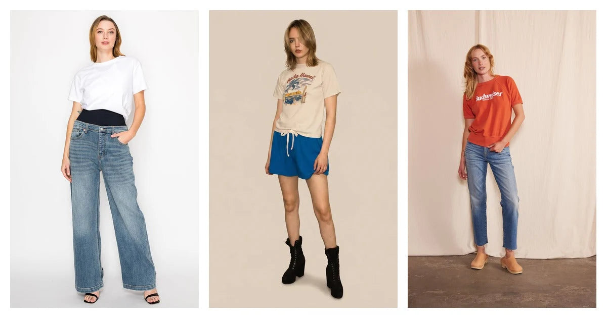 Three models wearing denim outfits jeans, shorts