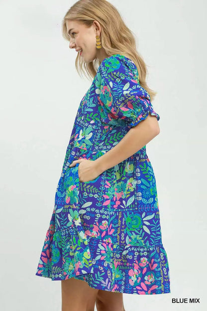 umgee mix botanical Umgee Mix Botanical Print Puff Sleeve Tiered Dress view 2 (dress) - shop at us.meeeshop