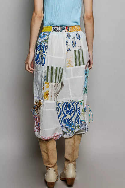 pol printed patchwork Pol Printed Patchwork Wide Leg Pants with Adjustable Side Drawstring view 4 (bottom) - shop at us.meees