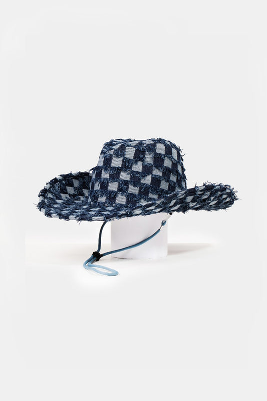 Fame Checkered Fringe Denim Cowboy Hat | us.meeeshop