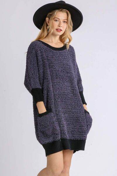 Umgee Ribbed Hem Round Neck 3/4 Sleeve Sweater Dress with Pockets Plus Size - us.meeeshop