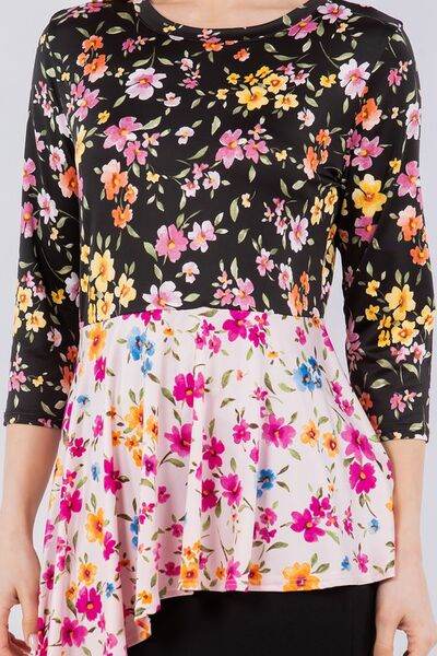 Celeste Floral Asymmetrical Hemline Round Neck Top - us.meeeshop