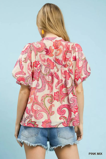 umgee mix paisley Umgee Mix Paisley Print Peasant Top with Tie Neck view 3 (top) - shop at us.meeeshop