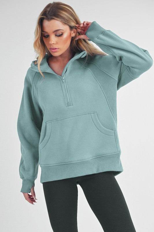 Aemi+Co Half Zip Raglan Sleeve Sweatshirt with Kangaroo Pocket - us.meeeshop