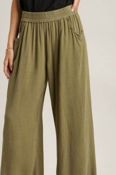 Umgee | Linen Blend Elastic Waistband Wide Leg Pants Plus Size - us.meeeshop