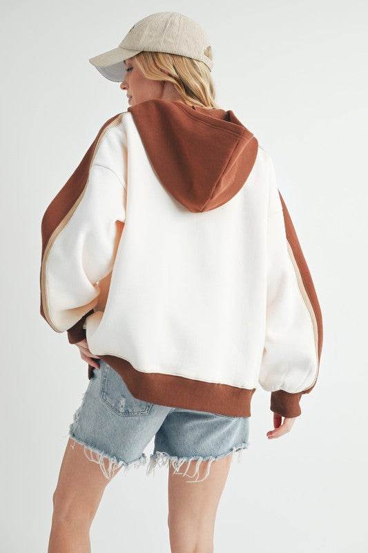 Aemi + Co Color Block Kangaroo Pocketed Hoodie in Oatmeal - us.meeeshop