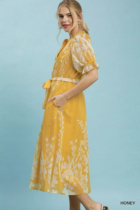 umgee floral print Umgee Floral Print Tie Waist Midi Dress with Side Pockets view 2 (dress) - shop at us.meeeshop