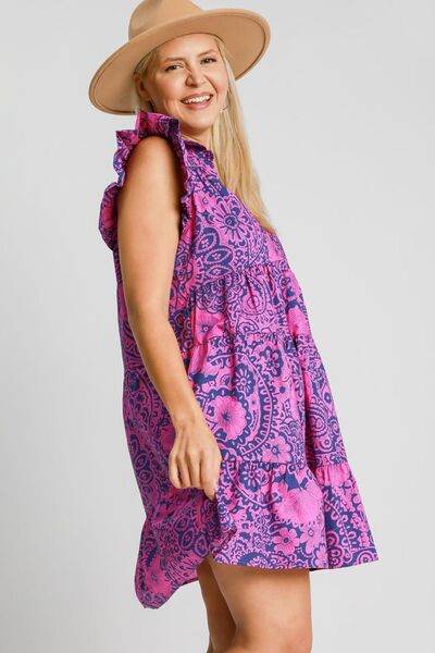 Umgee Printed Ruffle Cap Sleeve Babydoll Dress Plus Size - us.meeeshop