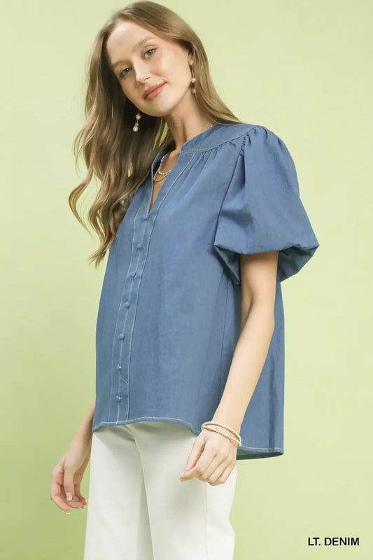 umgee denim button Umgee Denim Button Front Puff Sleeve Boho Blouse view 2 (top) - shop at us.meeeshop