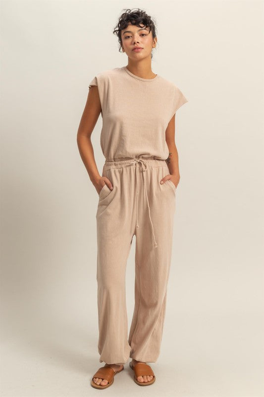 HYFVE Back Keyhole Round Neck Cap Sleeve Drawstring Jumpsuit - us.meeeshop