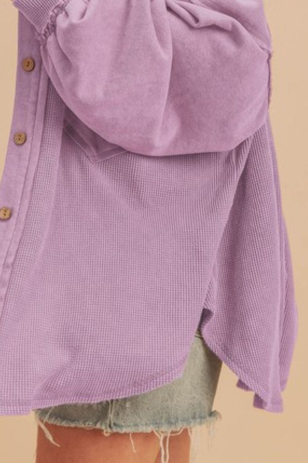 Aemi + Co Acid Washed Exposed Seam Button Up Jacket in Lilac - us.meeeshop