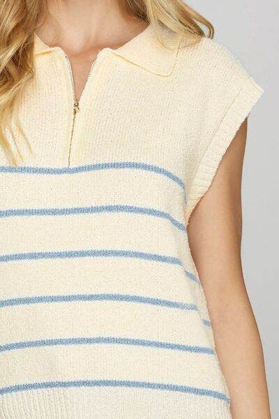 She + Sky Ribbed Hem Striped Half Zip Sweater Vest Plus Size - us.meeeshop