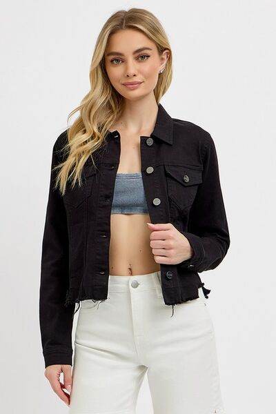 RISEN Irregular Fray Hem Button Up Denim Jacket Plus Size - us.meeeshop