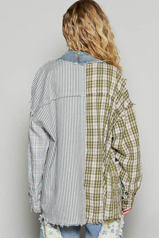 POL Raw Edge Plaid & Striped Open Front Cardigan - us.meeeshop