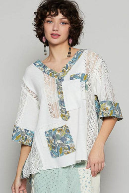 POL Vintage Washed Lace Patchwork Printed Half Button Top