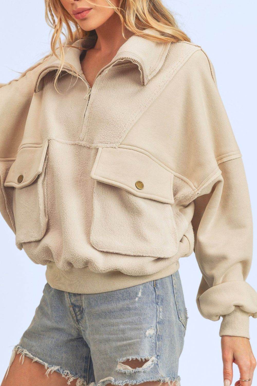 Aemi + Co Exposed Seam Half Zip Sweatshirt with Pockets - us.meeeshop