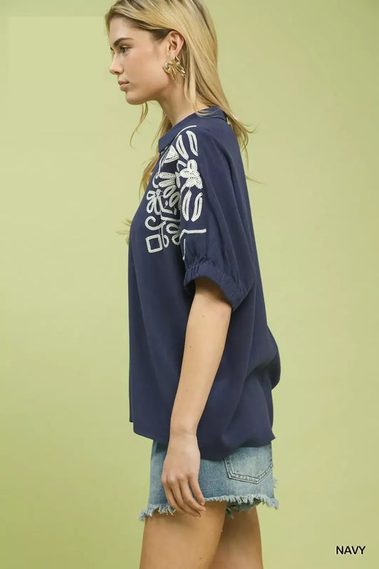 Umgee Floral Embroidered Sleeve Blouse (women's shirts & tops) view 2 - shop at us.meeeshop