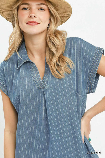 umgee pinstripe denim Umgee Pinstripe Denim Collared Midi Dress with Side Slits view 5 (dress) - shop at us.meeeshop