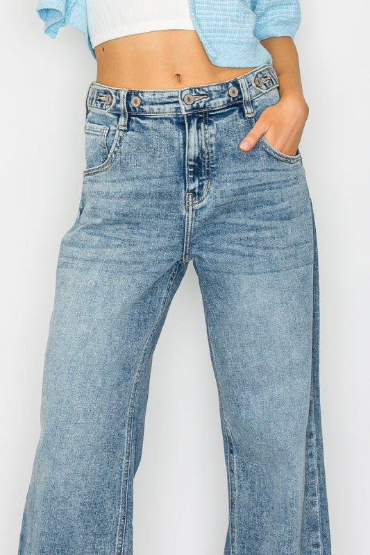 Adjustable Waistband High Rise Baggy Wide Jeans us.meeeshop -  Pants