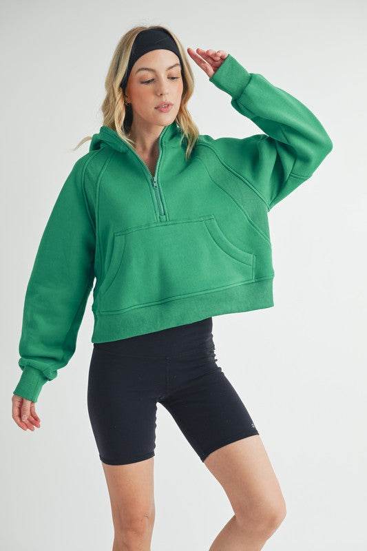 Aemi + Co Half Zip Raglan Sleeve Hoodie with Kangaroo Pocket in Lily Pad - us.meeeshop