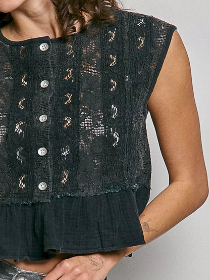 pol round neck Pol Round Neck Lace Sleeveless Top with Double Gauze Ruffle view 5 (top) - shop at us.meeeshop