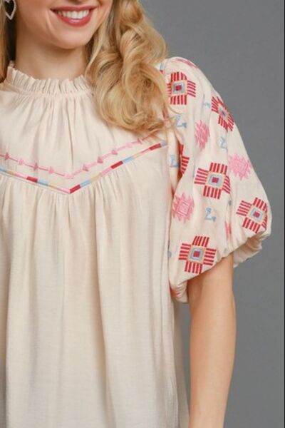 Umgee Embroidered Puff Sleeve Mock Neck Top Plus Size - us.meeeshop