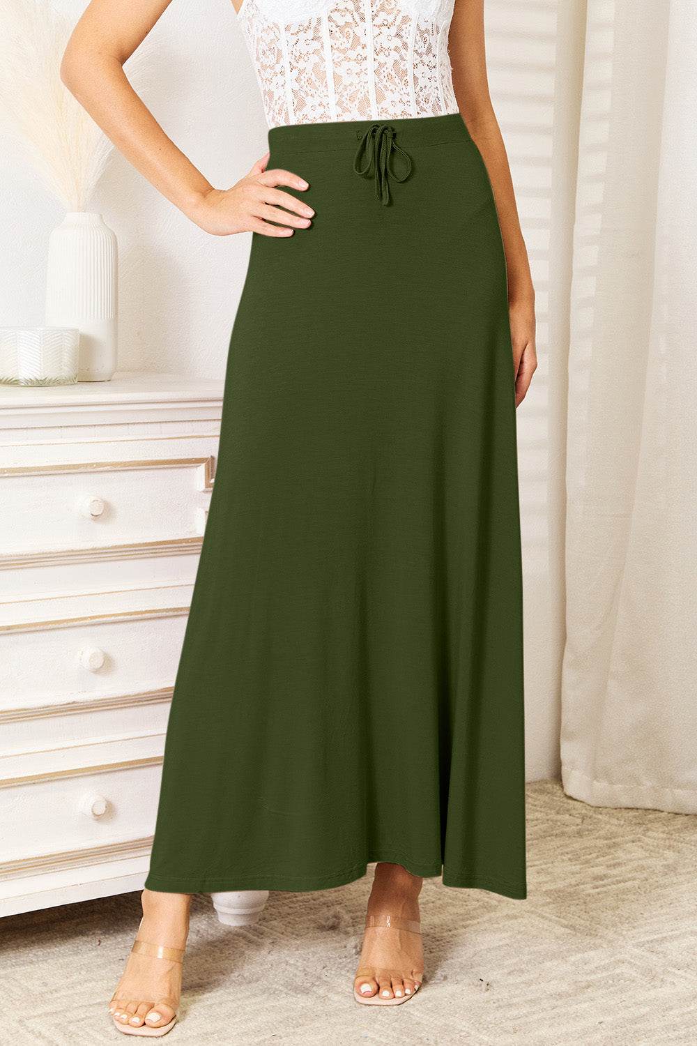 Soft Rayon Drawstring Waist Maxi Skirt Rayon - us.meeeshop